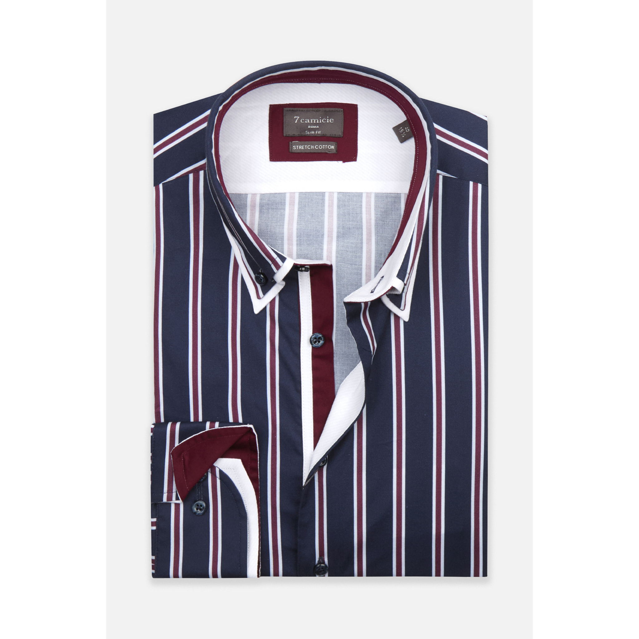 Camicia Uomo Botton Down Slim Popeline Stretch Riga Larga Blu/Bordeaux
