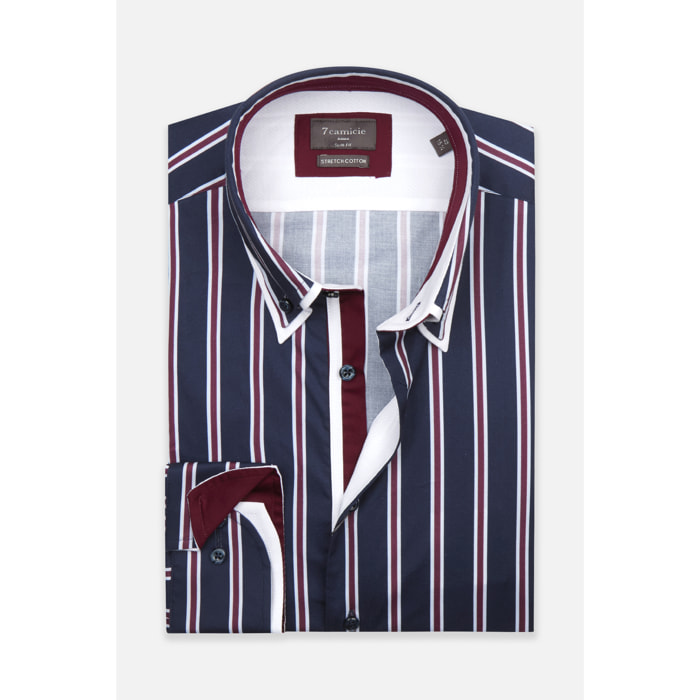 Camicia Uomo Botton Down Slim Popeline Stretch Riga Larga Blu/Bordeaux