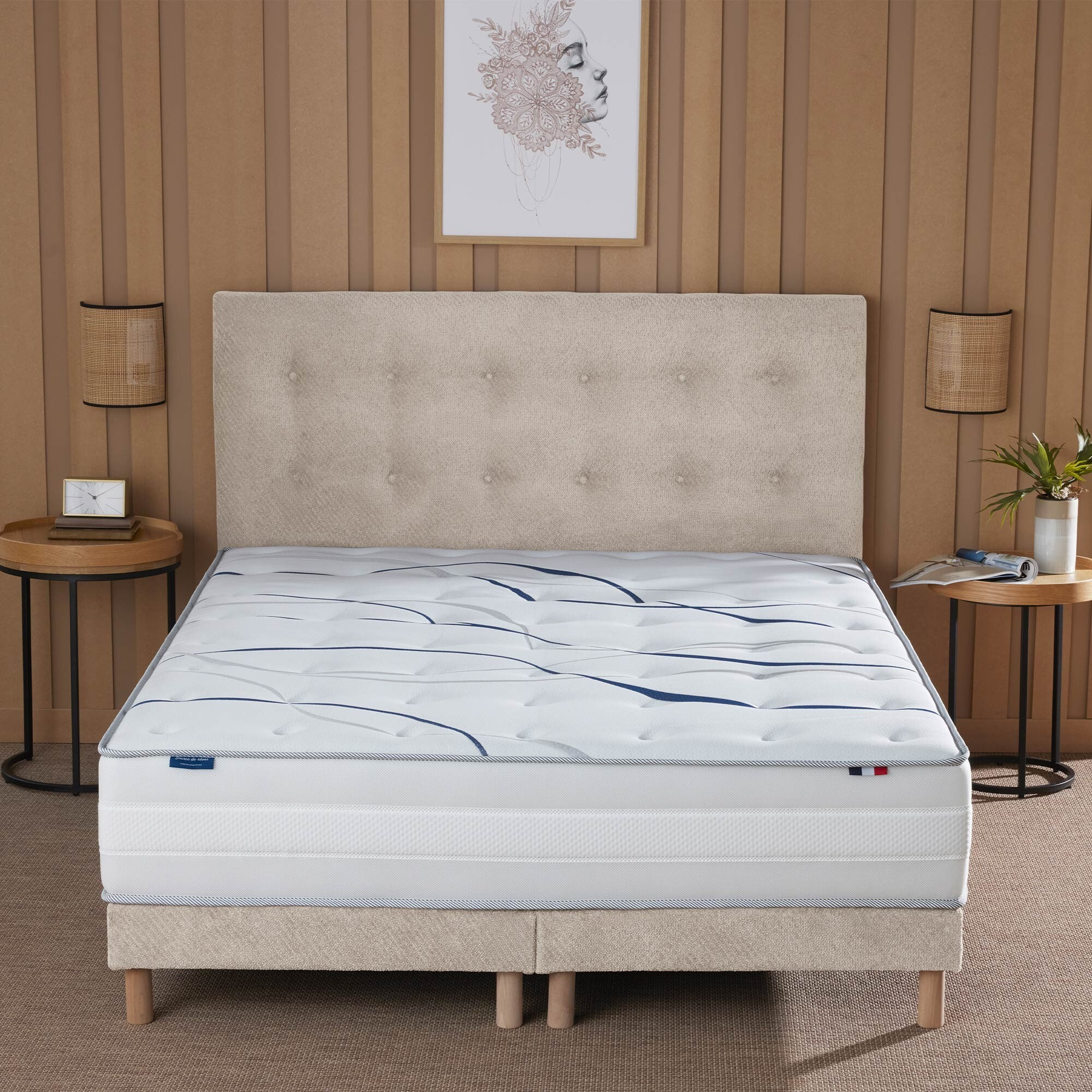 Ensemble matelas mousse ELYSIA + sommier + tête de lit, chenille bouclettes Crème