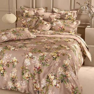 Drap plat satin de coton imprimé rose Magnolias rose fume