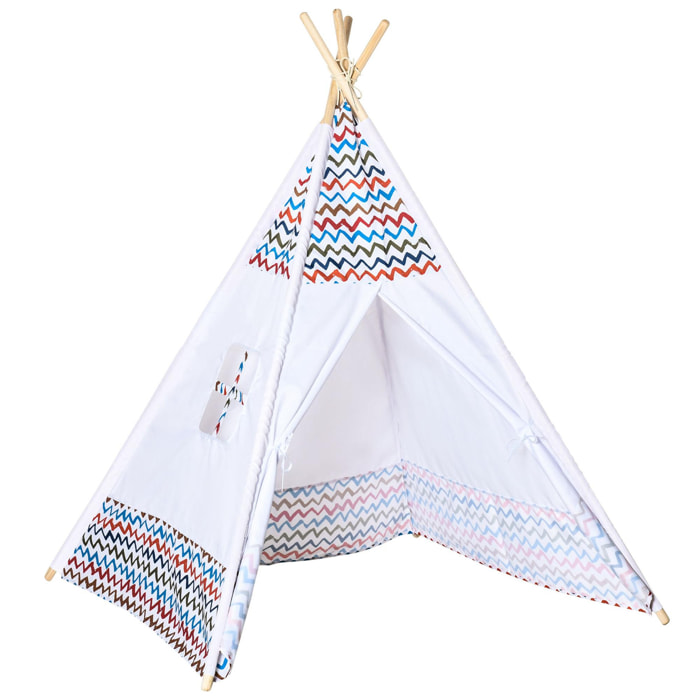 Tente teepee indien enfant style graphique - dim. 1,2L x 1,2I x 1,55H m - porte refermable, fenêtre - structure bois, toile polyester coton blanc multicolore