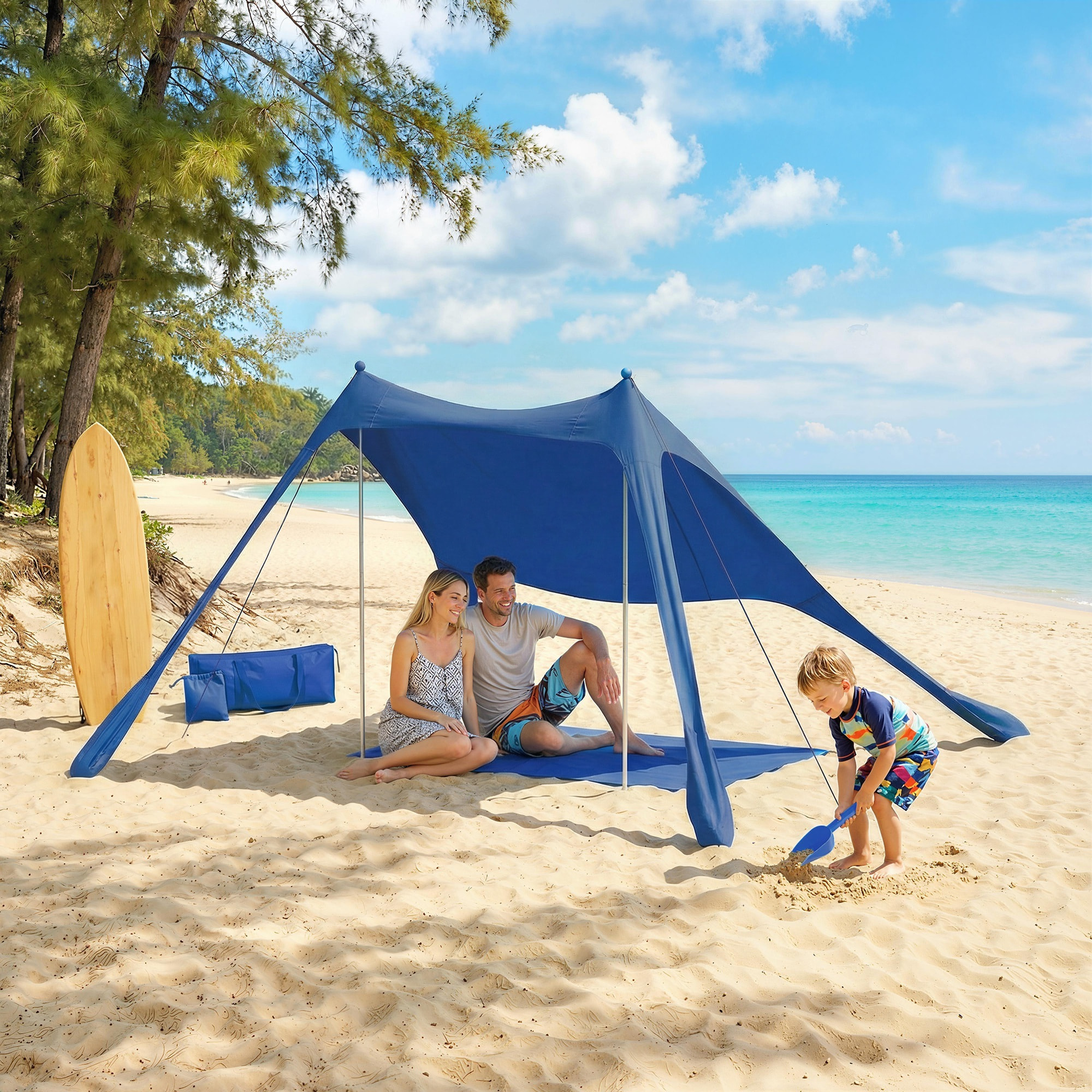 Carpa Playa Plegable 208x200 cm, Toldo Playa Portátil para 2-4 Personas con Esterilla, UPF50+, Postes de Aluminio, Pala, Estacas y Bolsa de Transporte Impermeable, para Camping, Pesca, Azul