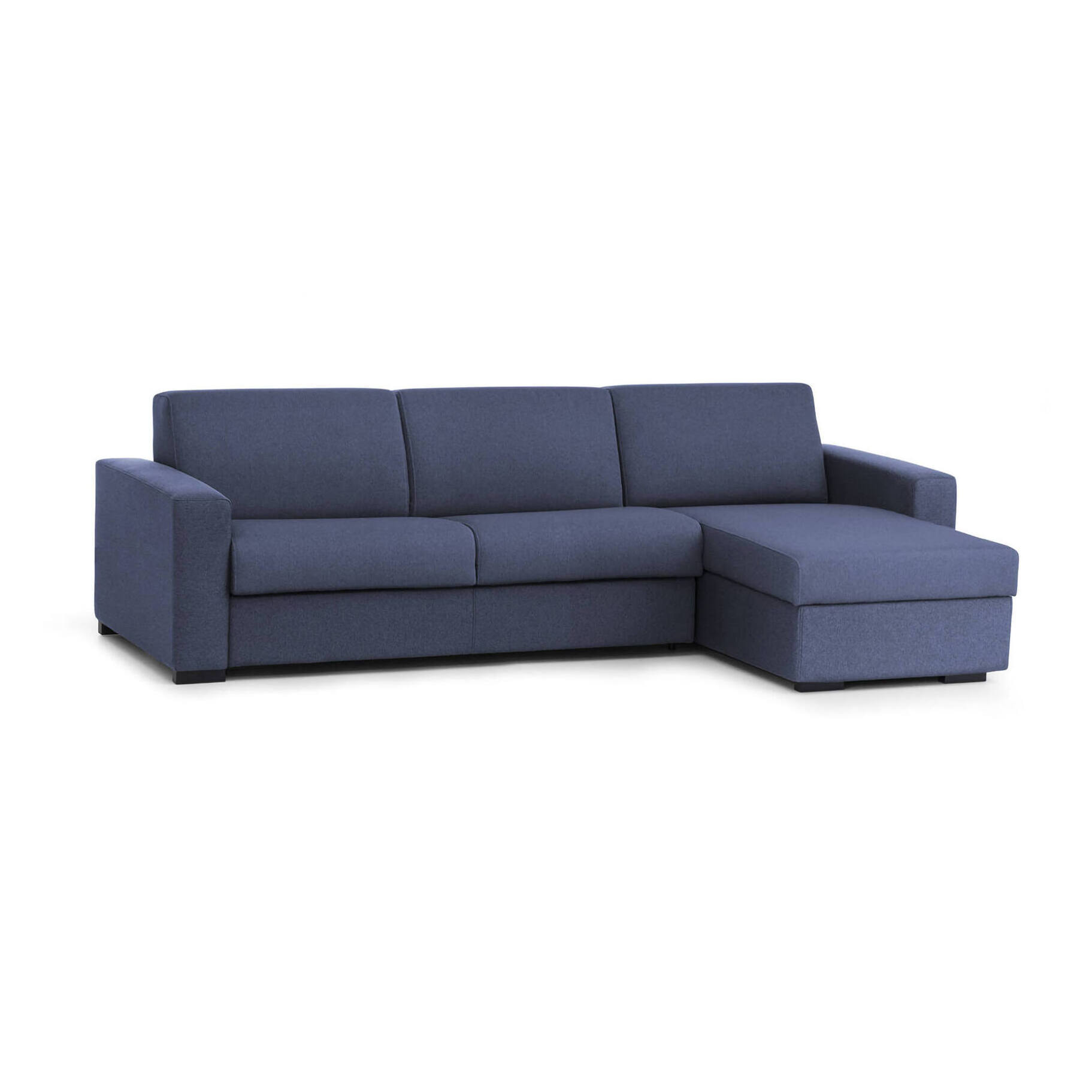 Divano Letto Alisea, Divano ad angolo, 100% Made in Italy, Sofà con apertura girevole, con Penisola contenitore reversibile, con Braccioli slim, Cm 260x95h90, Blu