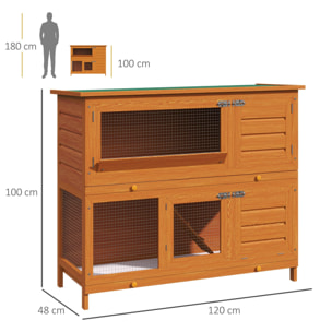 Conejera de Madera Exterior 120x48x100 cm de 2 Niveles Jaula con Techo de Asfalto Abrible Puertas y 2 Bandejas Extraíbles