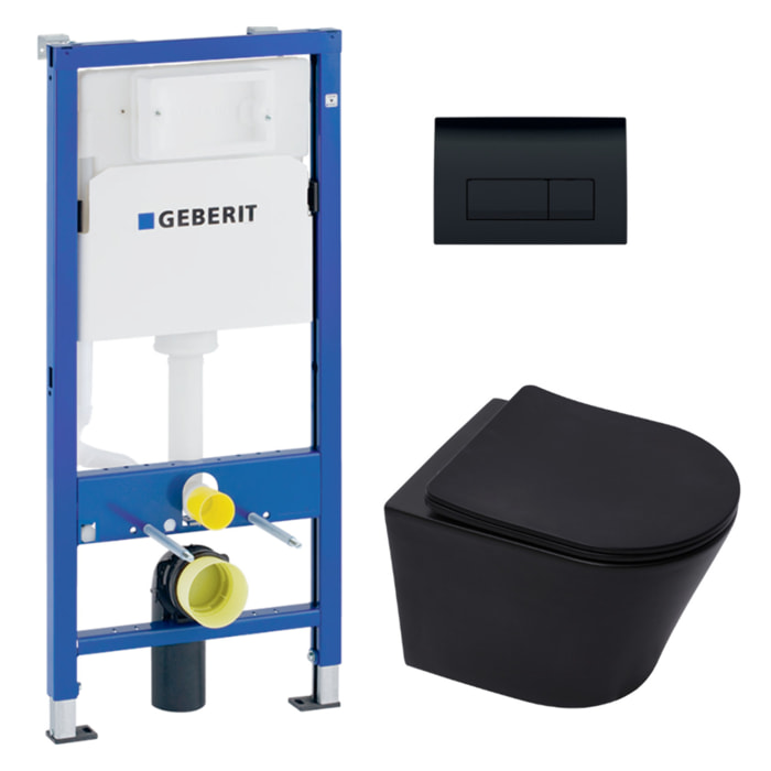 Pack WC sans bride Infinitio Noir mat + Abattant softclose + Bâti support Geberit UP100 + Plaque Noir brillante