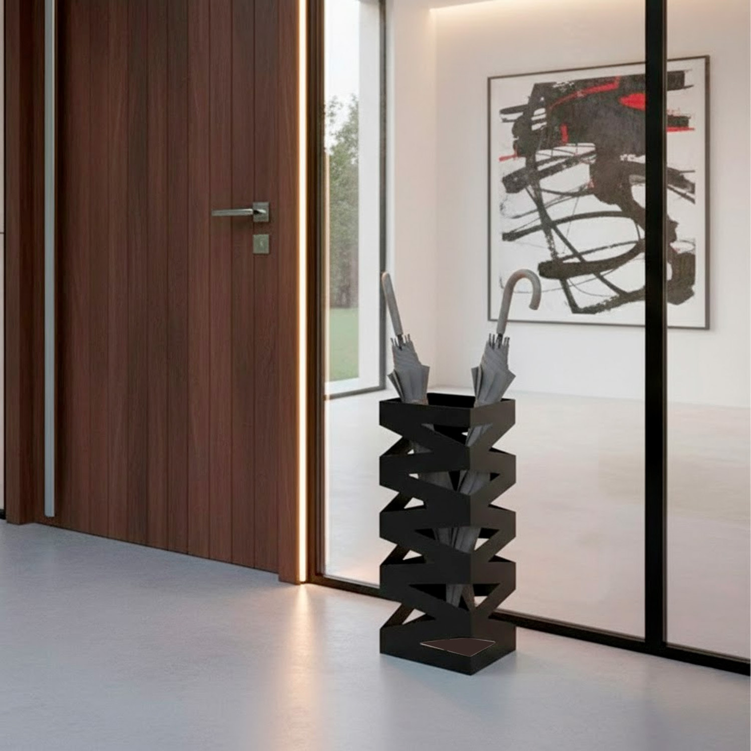Portaombrelli In Acciaio Zincato Con Intarsi Decorativi Vaschetta Scolapioggia 2 Ganci Removibili Base Antiscivolo 49 x 15.5 x 15.5 Cm Nero