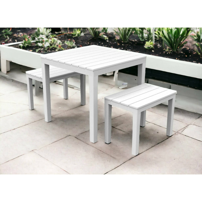 Set salotto da esterno Moncalieri, Set da giardino con 1 tavolo quadrato e 2 panche, Set indoor e outdoor da Pic Nic, 100% Made in Italy, Bianco