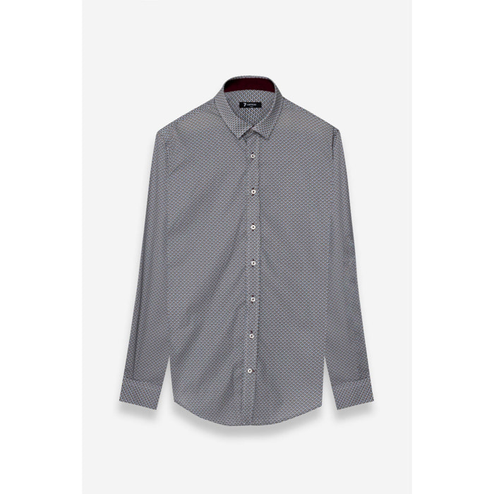 Camicia Uomo 1 Bottone Italiano Slim Popeline Stampato Mastice e Blu
