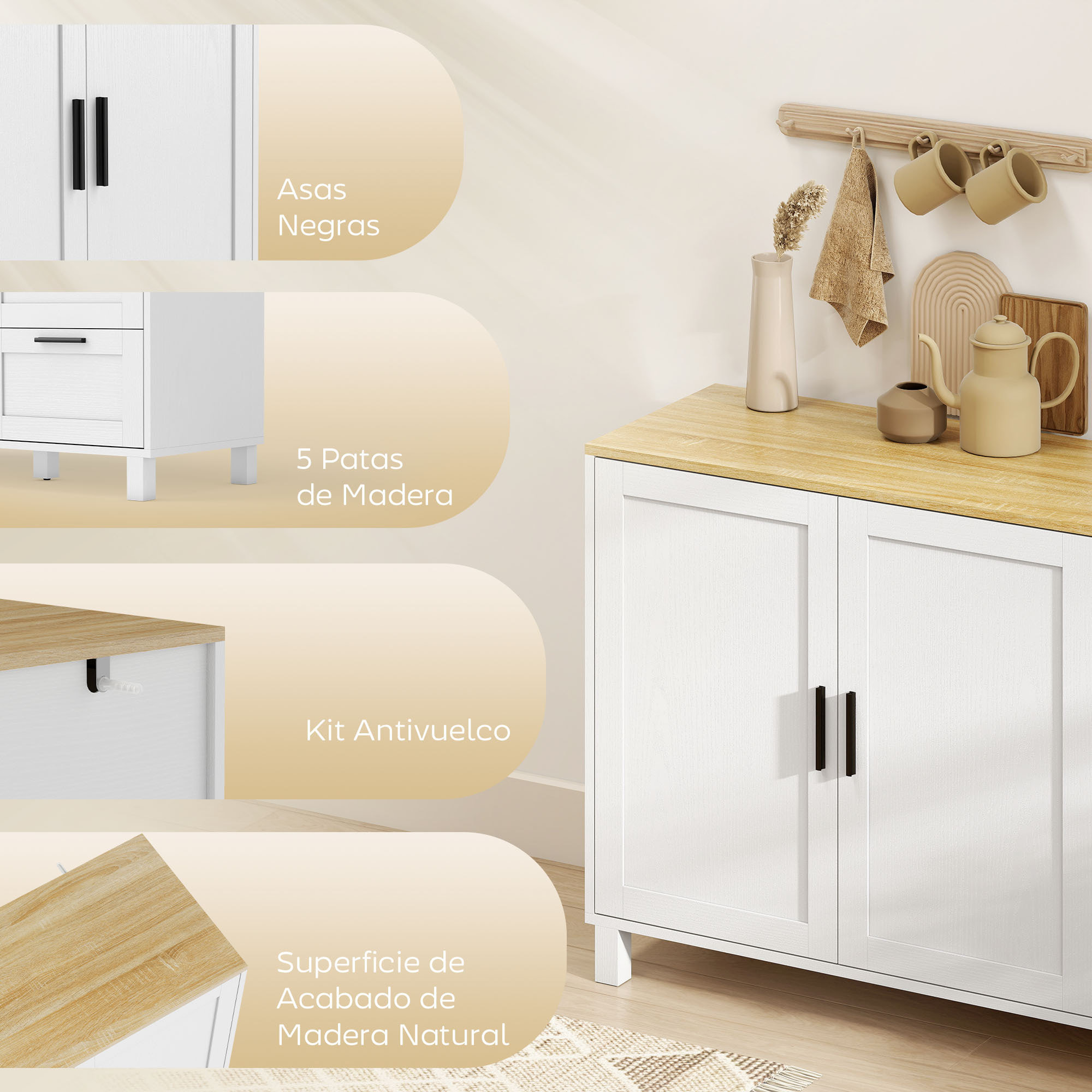 Aparador 2 Puertas, Aparador para Salón Moderno, con 3 Cajones, Estante Ajustable y Patas de Madera, para Comedor, Entrada, Dormitorio, 120x38x76 cm, Blanco