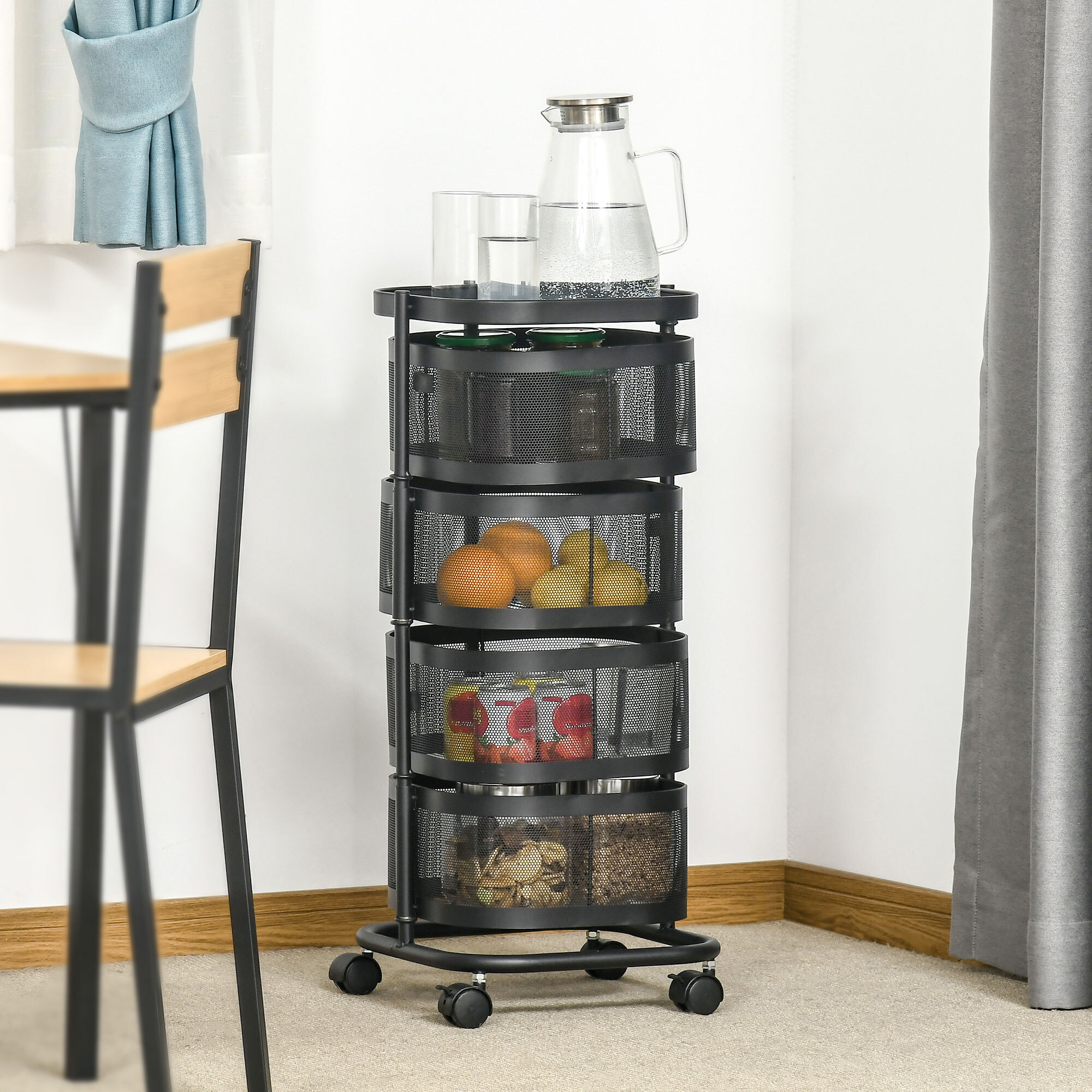 Carrito Auxiliar con Ruedas de 5 Niveles, Carrito de Cocina con 4 Cestas de Almacenamiento Giratorias 270° y Bandeja Superior, para Frutas, Verduras, Utensilios, 33x33x77 cm, Negro