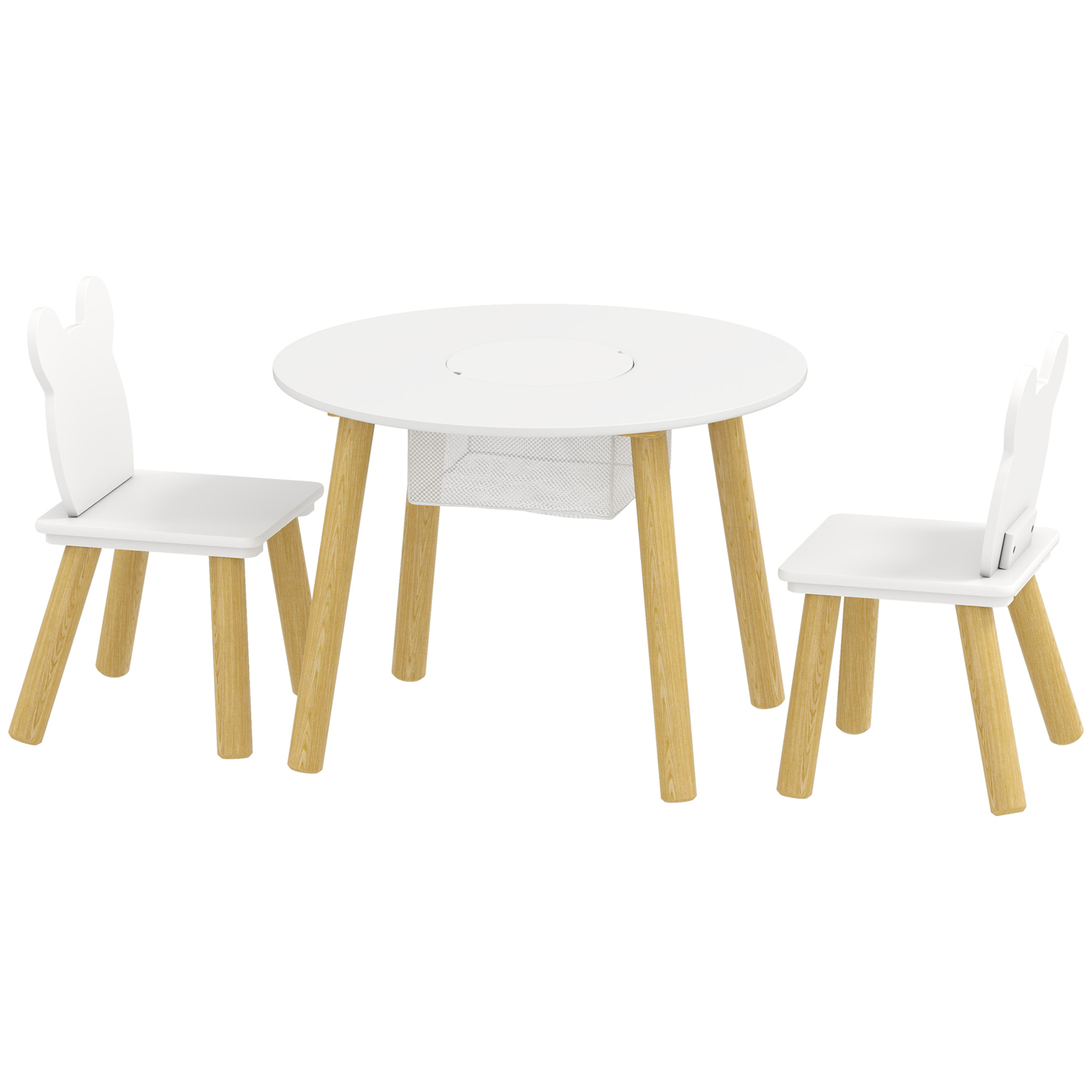 Ensemble table chaises enfant design ourson scandinave - rangement table intégré - blanc aspect bois