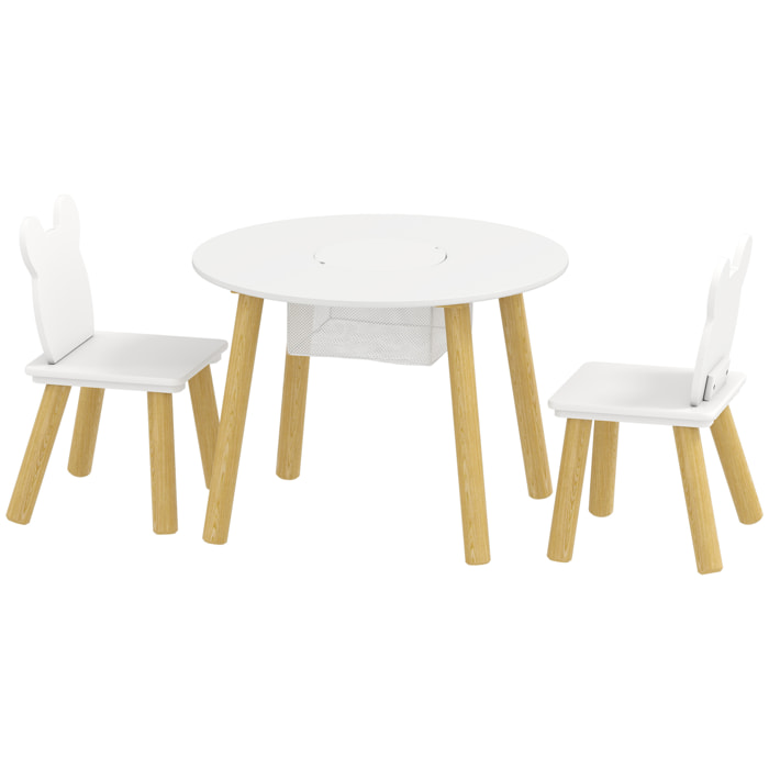 Ensemble table chaises enfant design ourson scandinave - rangement table intégré - blanc aspect bois
