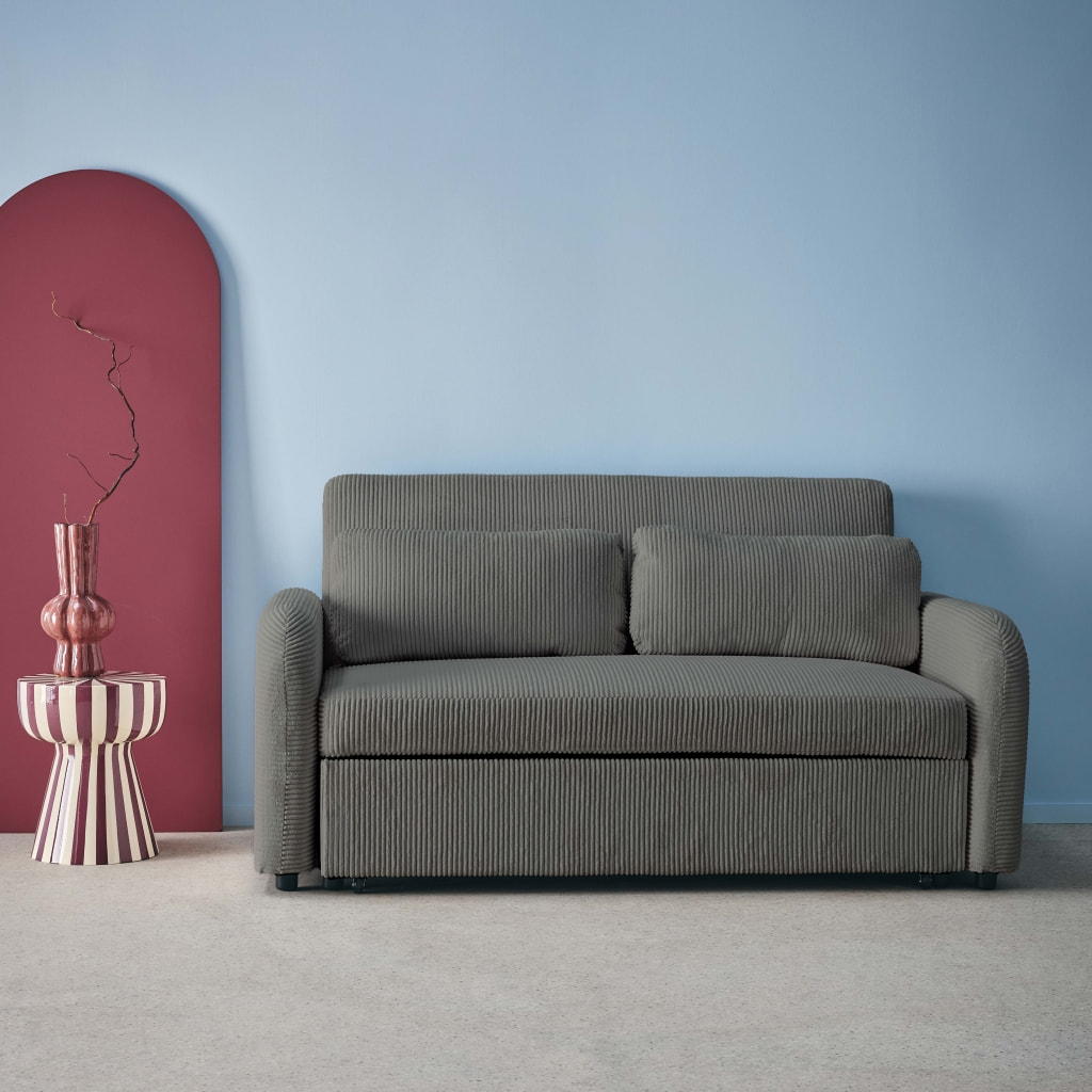 Canapé convertible arrondi 2 places velours côtelé gris foncé L 168 x P 90 x H 88cm - Lino