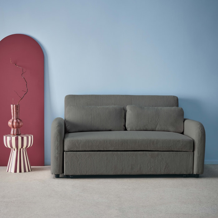 Canapé convertible arrondi 2 places velours côtelé gris foncé L 168 x P 90 x H 88cm - Lino