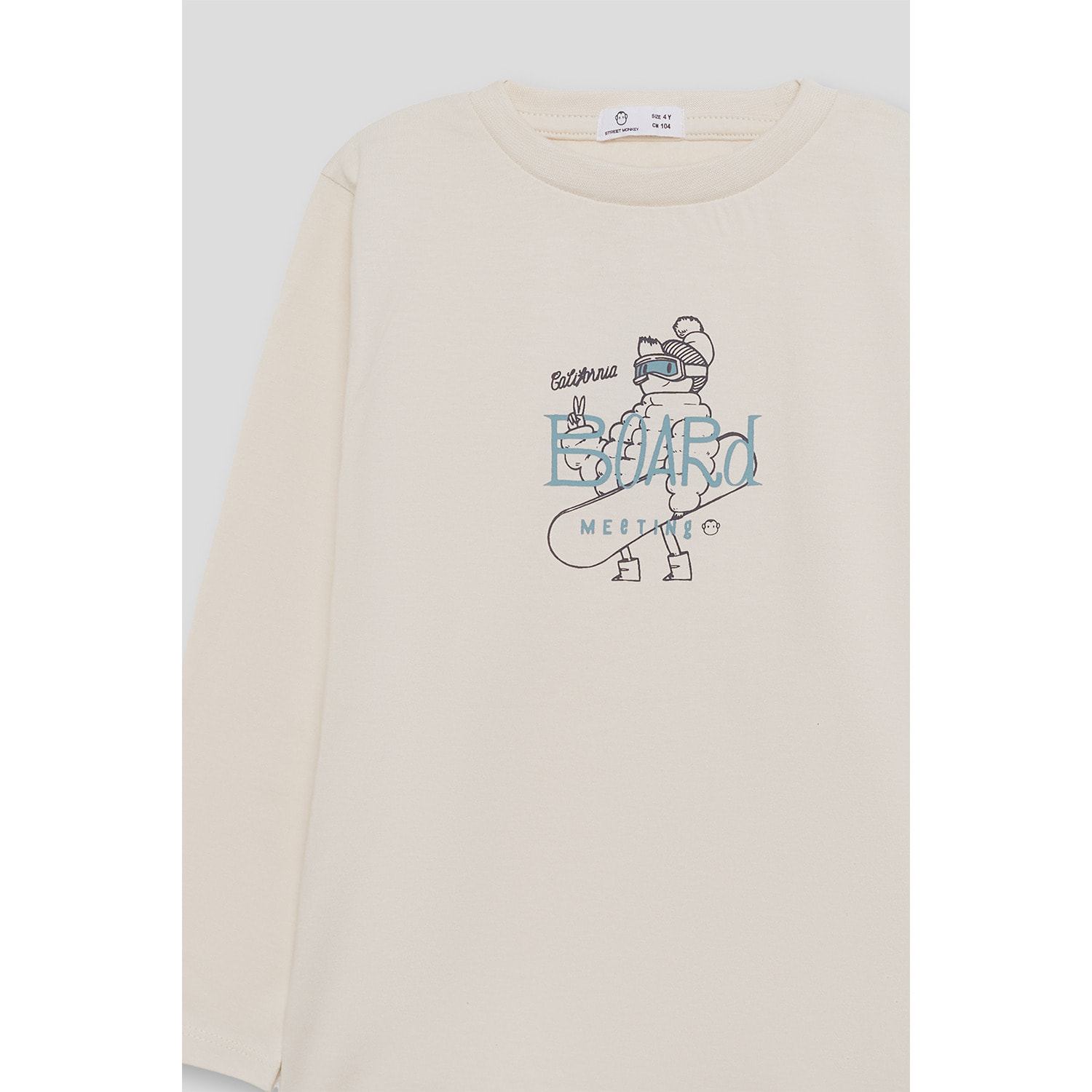 Camiseta niño crudo de manga larga, estampado de snowboard azul y gris, algodón suave | Color: Crudo | Street Monkey