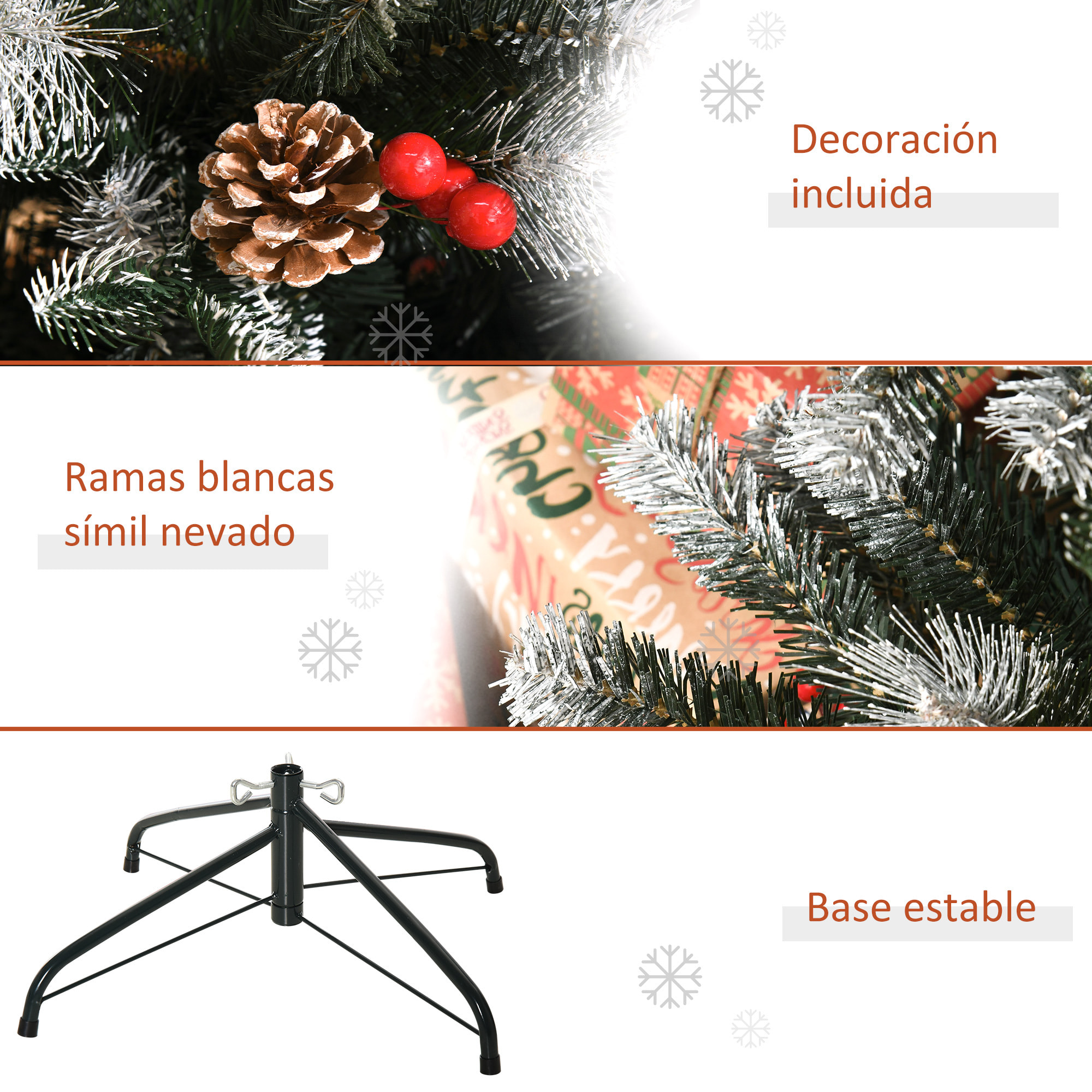 árbol de Navidad Artificial 180 cm con 678 Ramas 53 Piñas y 53 Bayas Hojas de PVC PE Base Plegable y Soporte Metálico Decoración Navideña para Interiores Verde