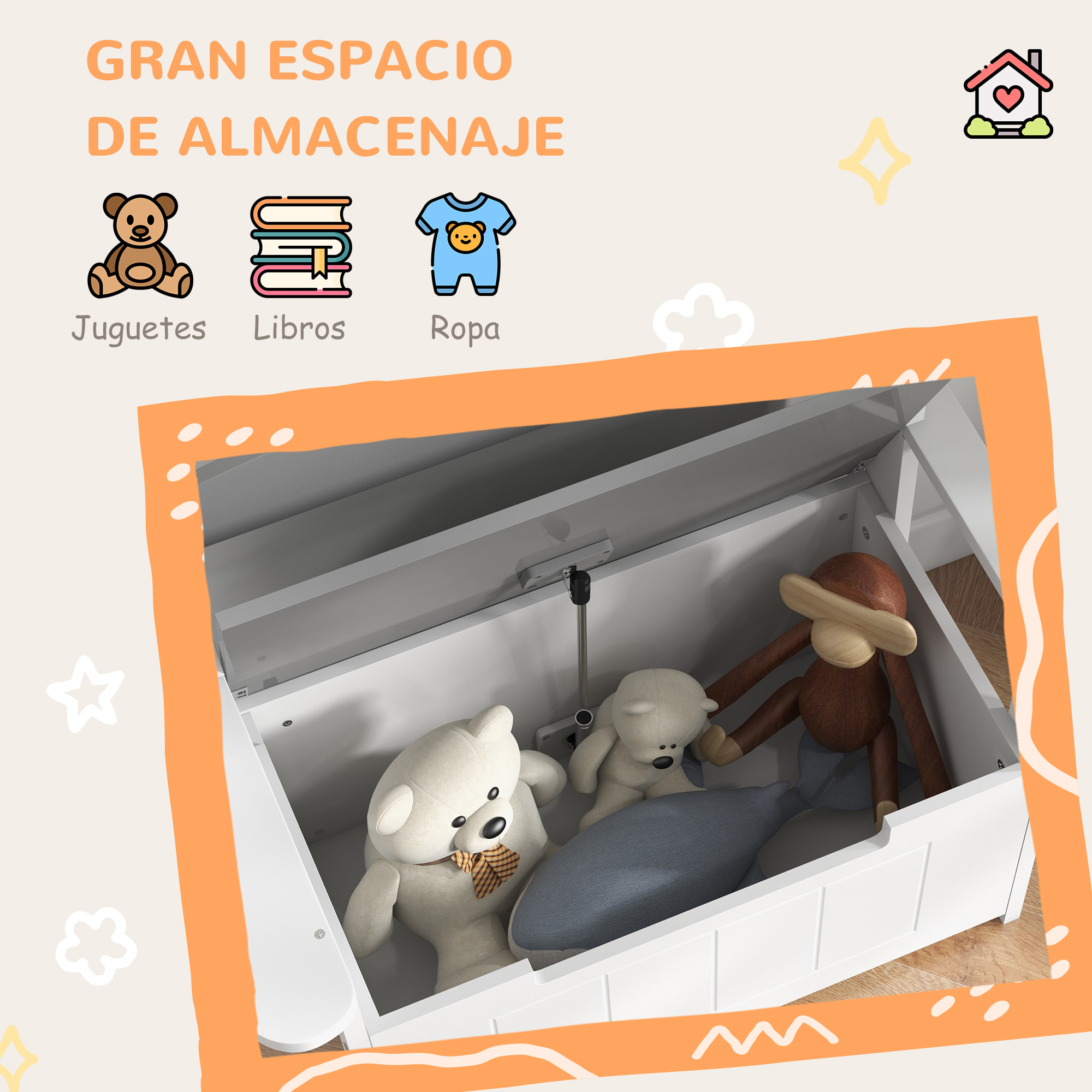 Baúl para Juguetes Infantil, Banco Almacenaje para Niños, con Respaldo y Tapa Amortiguadora, Carga 30 kg, para Salas de Juego, Dormitorio, 68,5x34x58 cm, Gris y Blanco