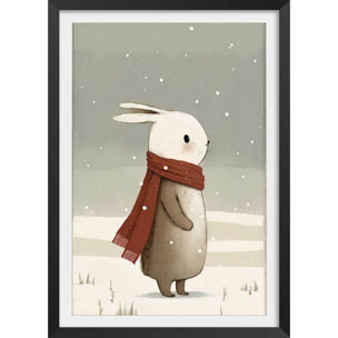 Affiche enfant lapin sous la neige  Affiche sous cadre noir