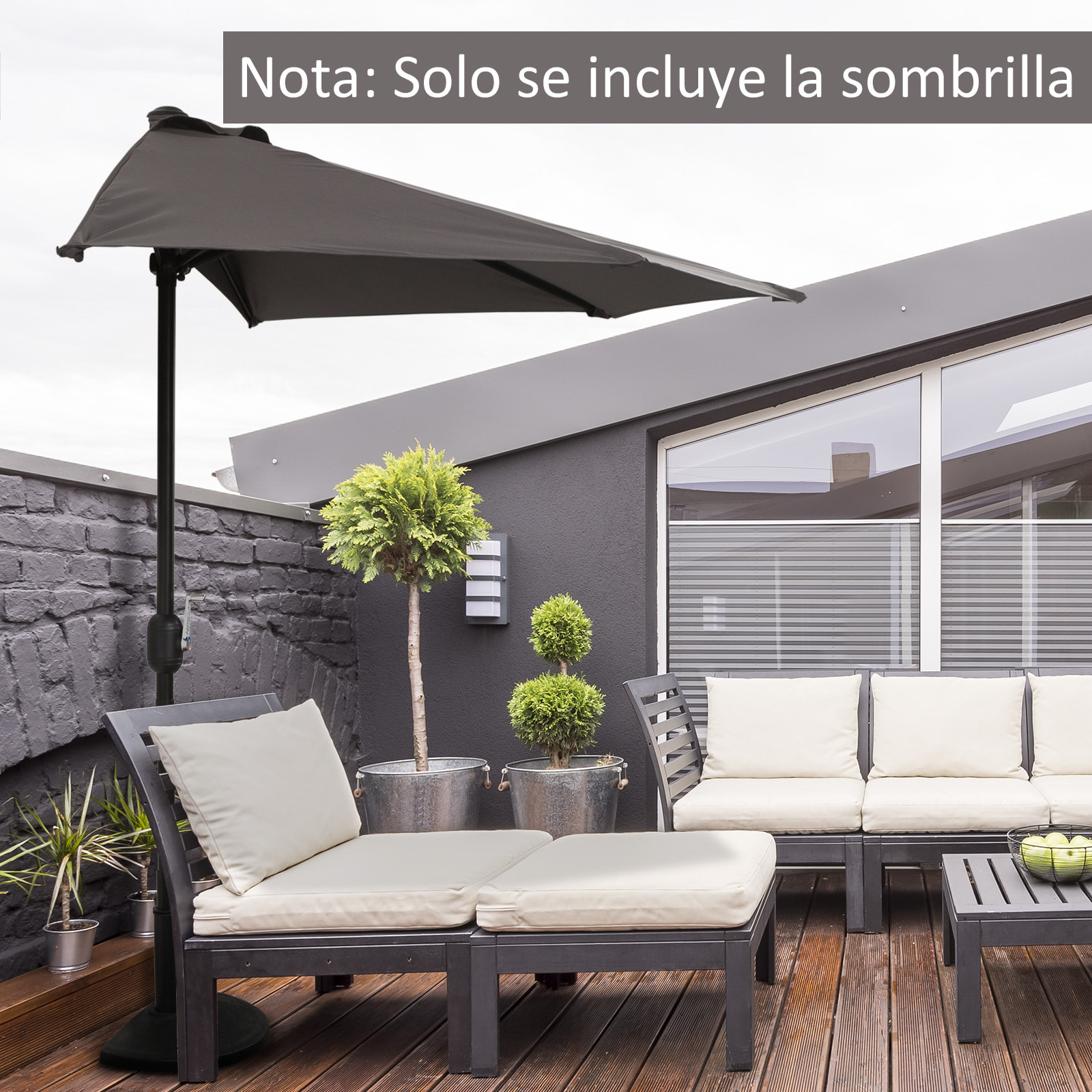 Sombrilla Parasol Jardín con Manivela Semicircular Exterior 269x138x236 cm Gris