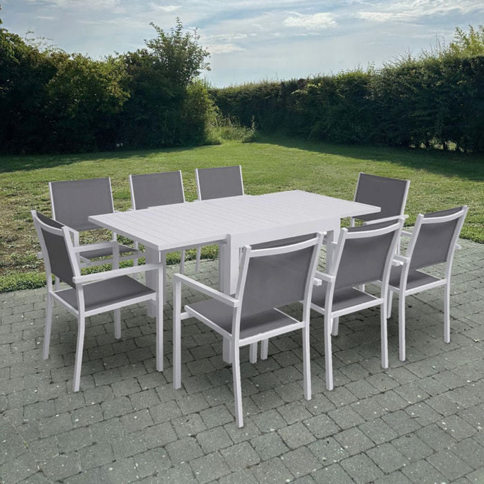 Salon de jardin VENEZIA extensible 90/180 en textilène gris 8 places - aluminium blanc