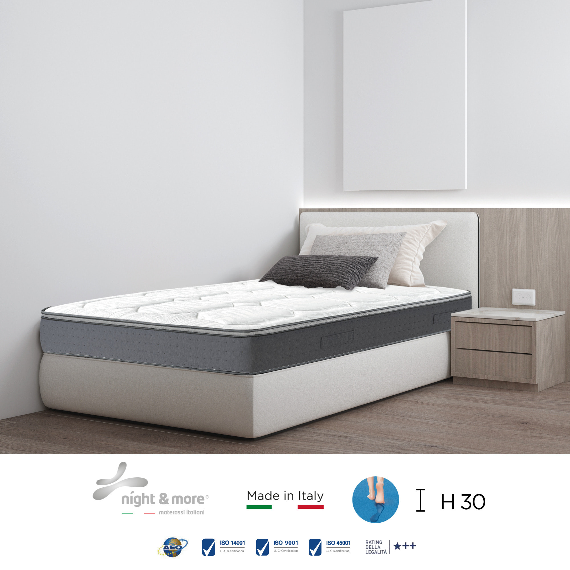 "Irene" H30 cm 90x190 guanciale Memory OMAGGIO a molle insacchettate e 4cm memory Gel