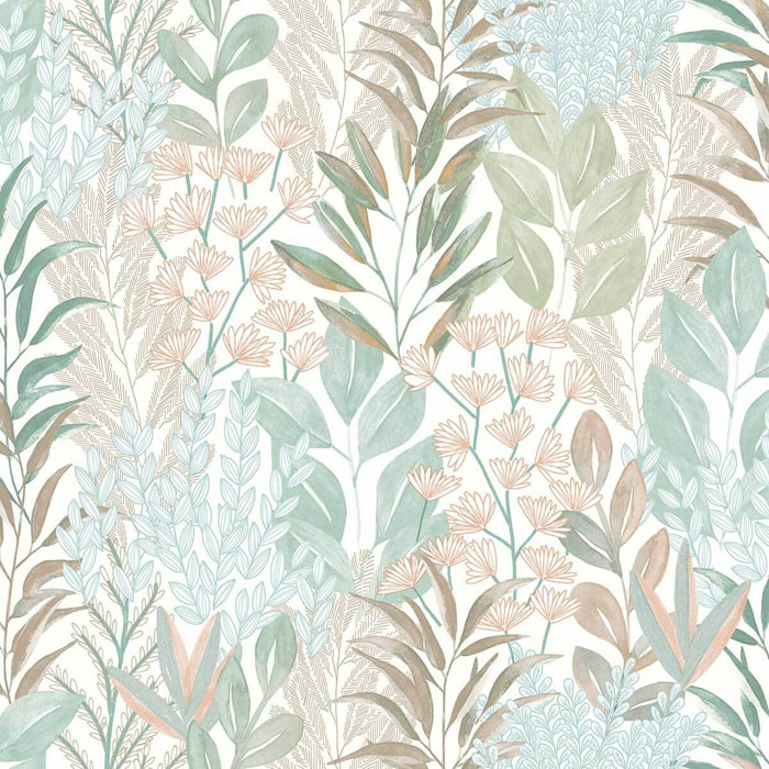 Papier peint feuillage aquarelle vert pastel