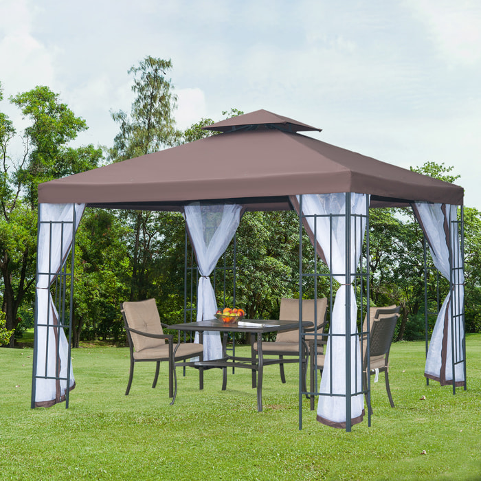 Cenador de Jardín 3x3 m con Doble Techo y 4 Mosquiteras Acero para Fiestas Café