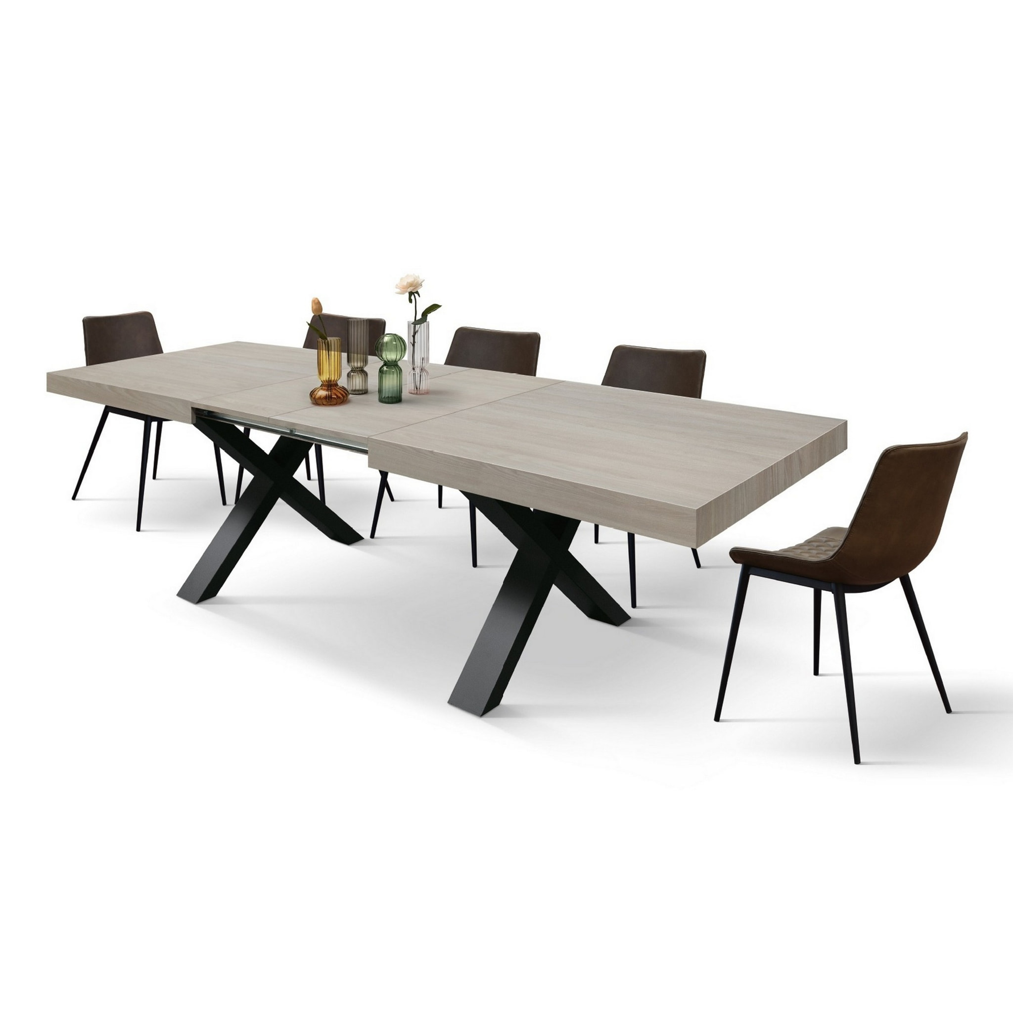 Tavolo allungabile AMALFI in legno effetto olmo perla e gambe a X antracite, allungabile 160x90 cm - 240x90 cm