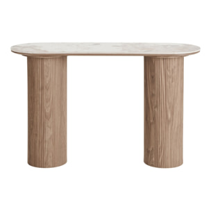 Consolle Athens piano in ceramica bianca e base in legno scanalato 120x40x78 cm