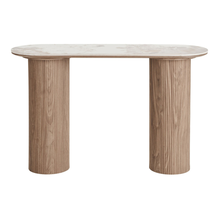 Consolle Athens piano in ceramica bianca e base in legno scanalato 120x40x78 cm