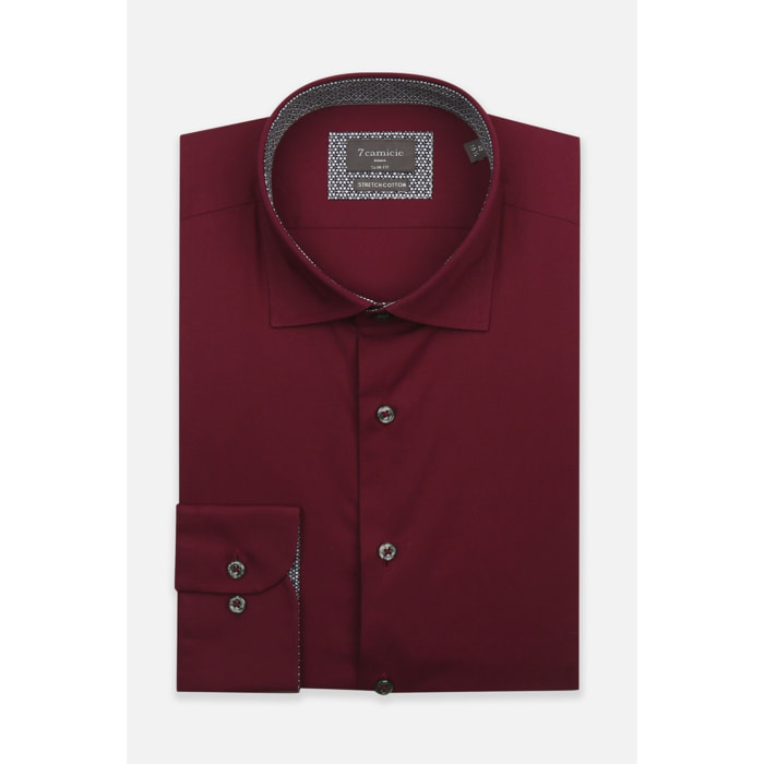 Camicia Uomo 1 Bottone Francese Slim Popeline Stretch Unito Bordeaux