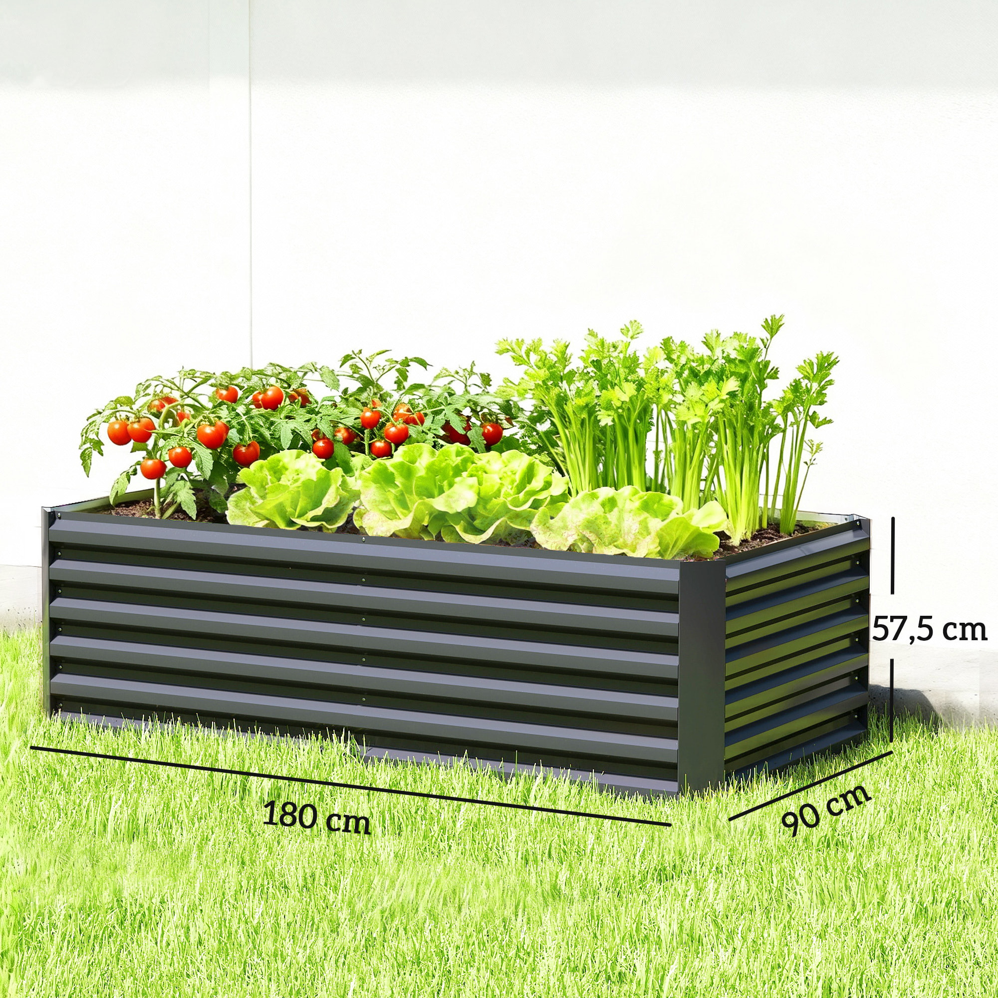 Jardinera Exterior Grande Rectangular de Acero Galvanizado, Huerto Urbano para Cultivar Plantas, Macetero Grande Exterior con Base Abierta, Resistente a la Intemperie, 180x90x57,5 cm, Gris
