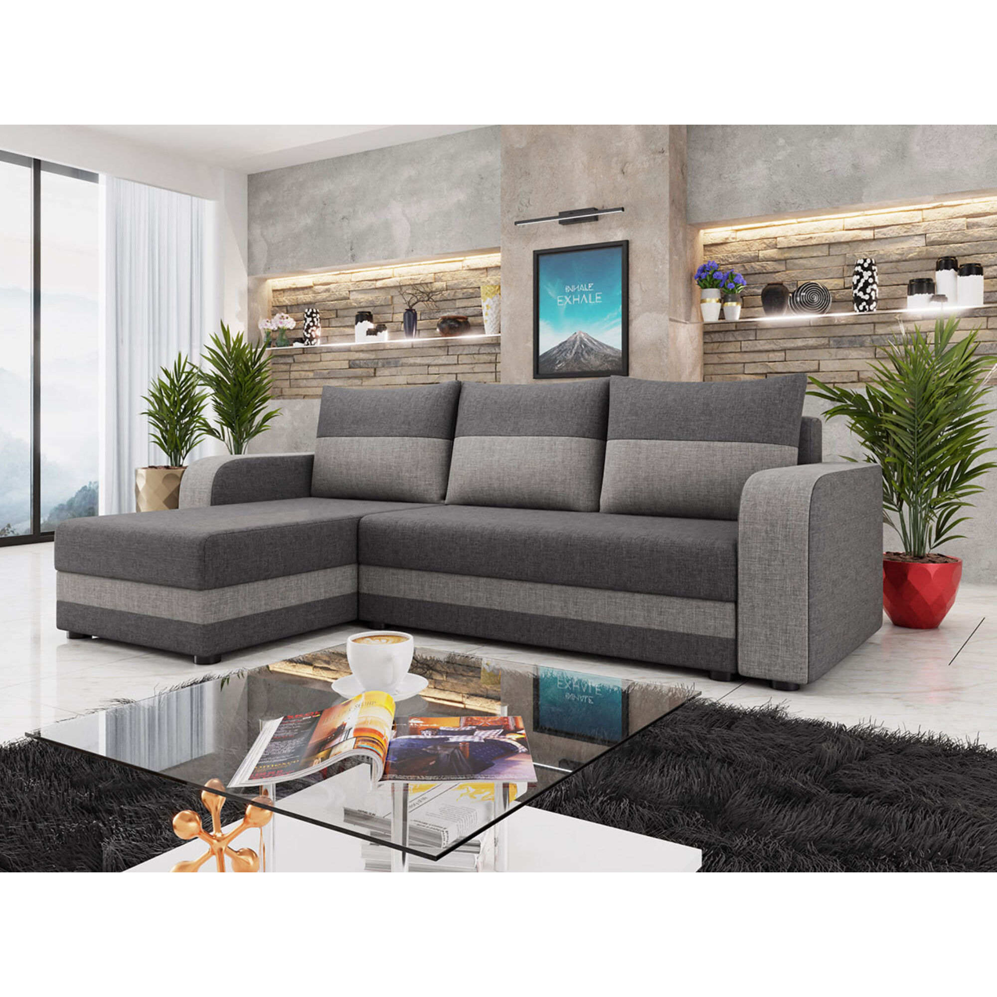 Harvey - Canapé d'angle réversible 4 places convertible avec coffre en tissu bicolore - Gris