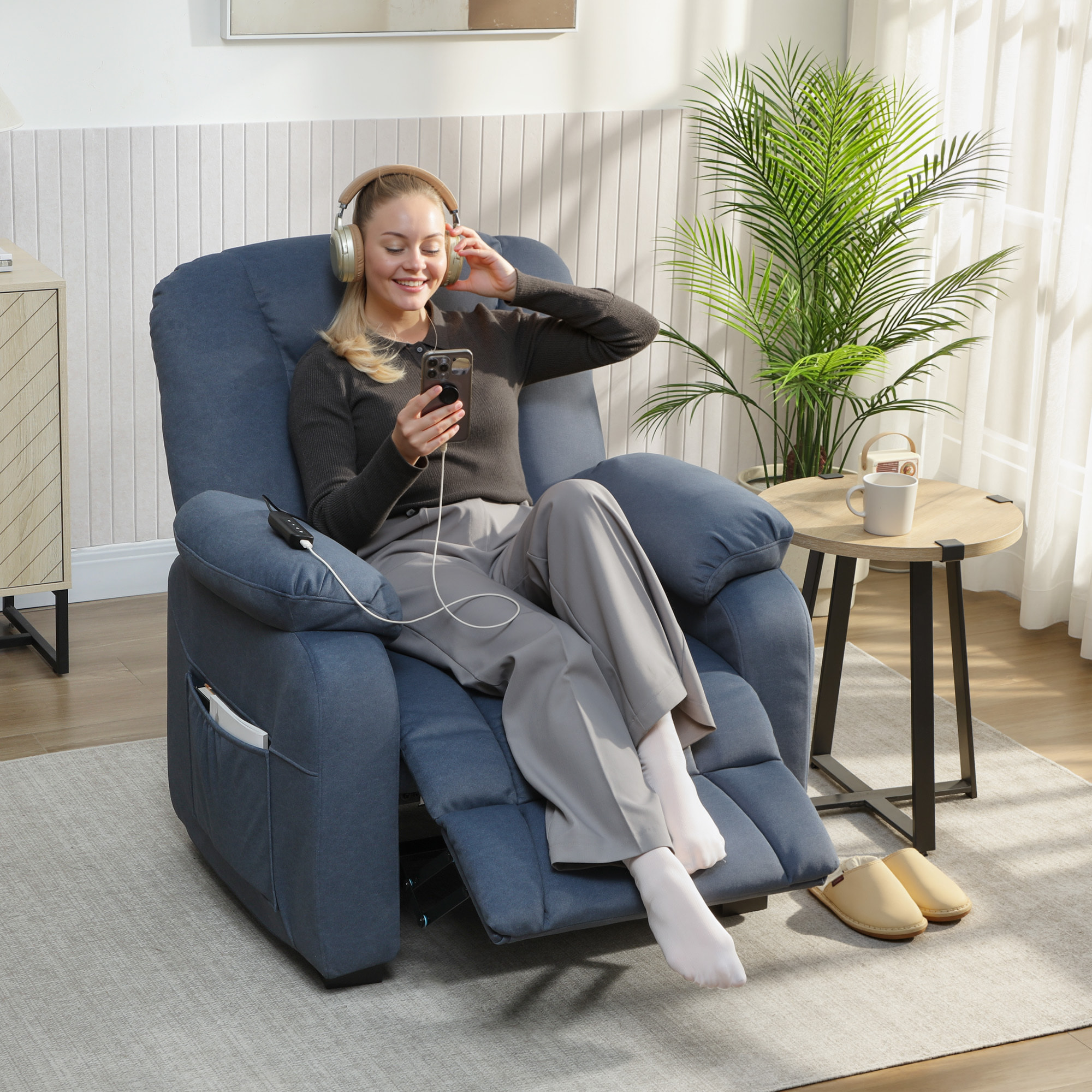 Sillón Relax Reclinable Eléctrico, Sillón Reclinable Silencioso con Función Memoria, Reposapiés, Mando a Distancia, Bolsillos Laterales, Puerto USB, Tela Terciopelo para Dormitorio, Salón, Azul