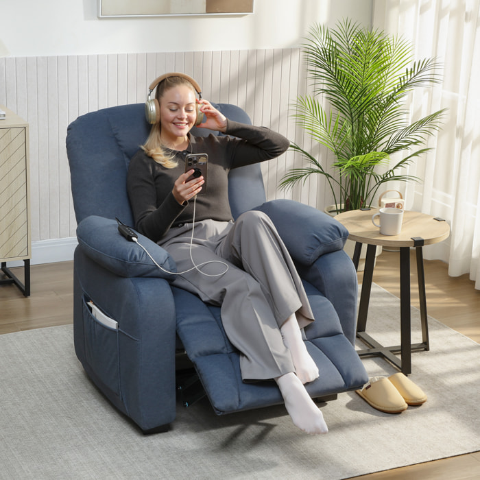 Sillón Relax Reclinable Eléctrico, Sillón Reclinable Silencioso con Función Memoria, Reposapiés, Mando a Distancia, Bolsillos Laterales, Puerto USB, Tela Terciopelo para Dormitorio, Salón, Azul