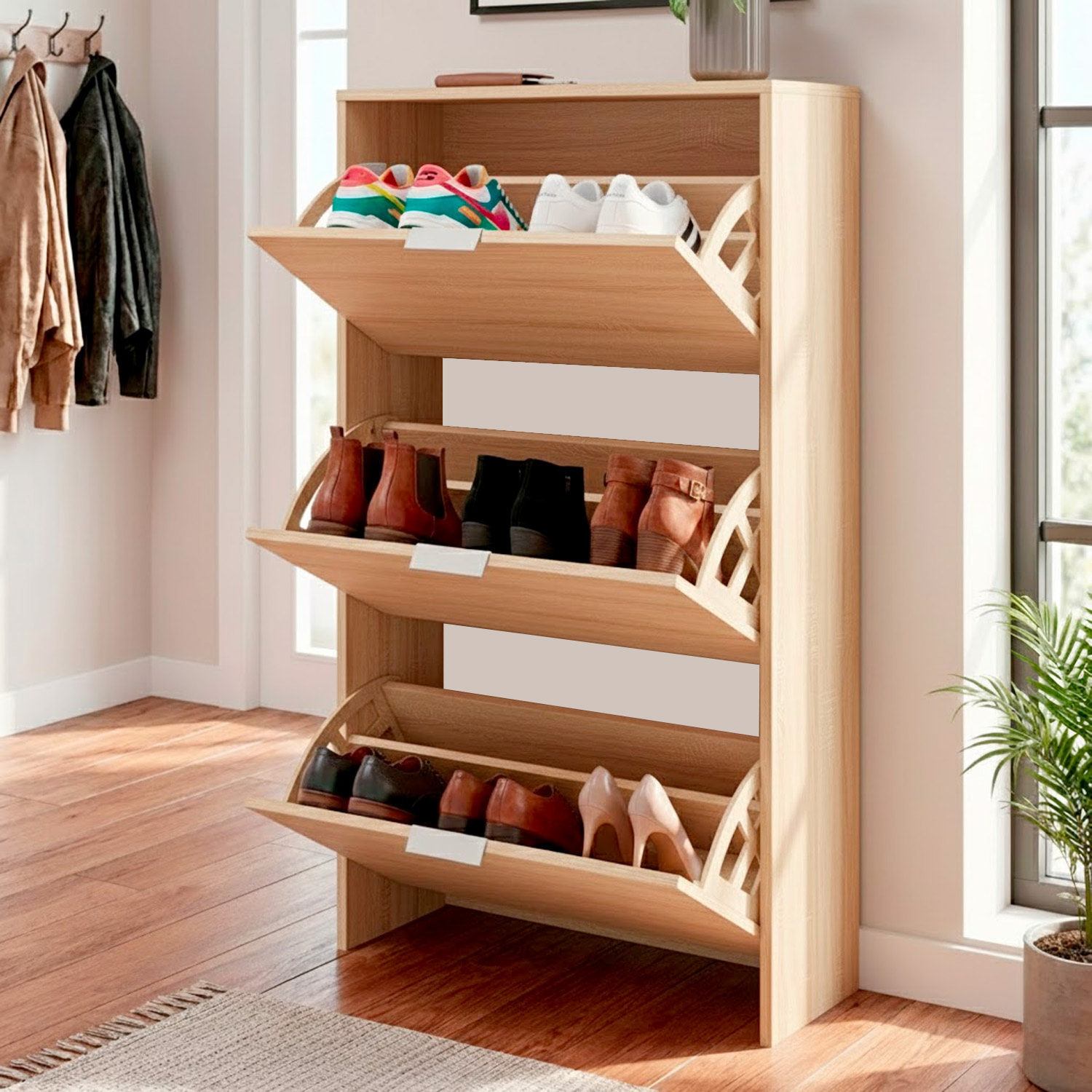 Scarpiera A Ribalta Salvaspazio 3 Ante E 6 Ripiani Mobile Portascarpe Fino A 20 Paia Di Scarpe Ingresso Corridoio Retro Porta 113 x 60 x 22 Cm Rovere