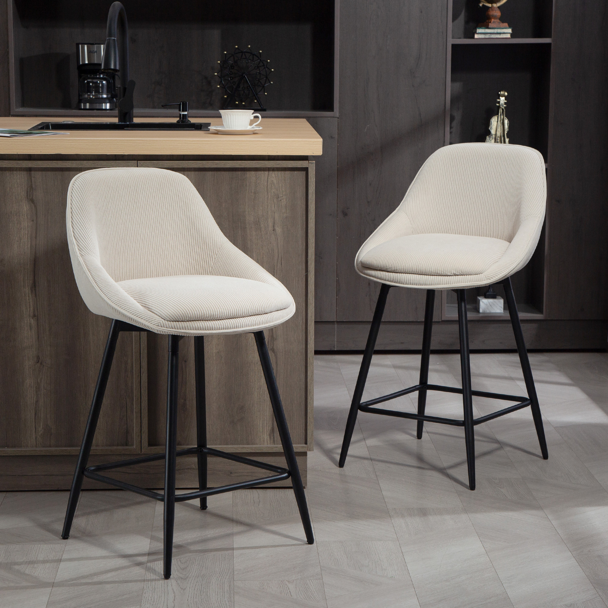 Lot de 2 chaises de bar design velours côtelé assise H.65cm pivotante 360°cm acier noir beige