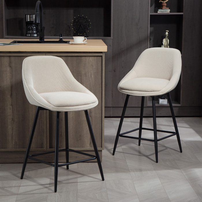 Lot de 2 chaises de bar design velours côtelé assise H.65cm pivotante 360°cm acier noir beige