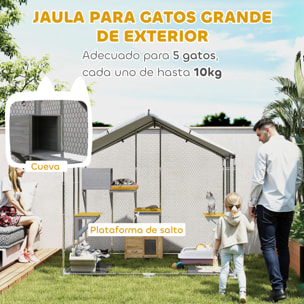 Jaula para Gatos para Exterior Recinto para Gatos con Cubierta Impermeable 420D Plataformas y Condominio para 5 Gatos Refugio para Pollos Conejos 200x170x195 cm Plata