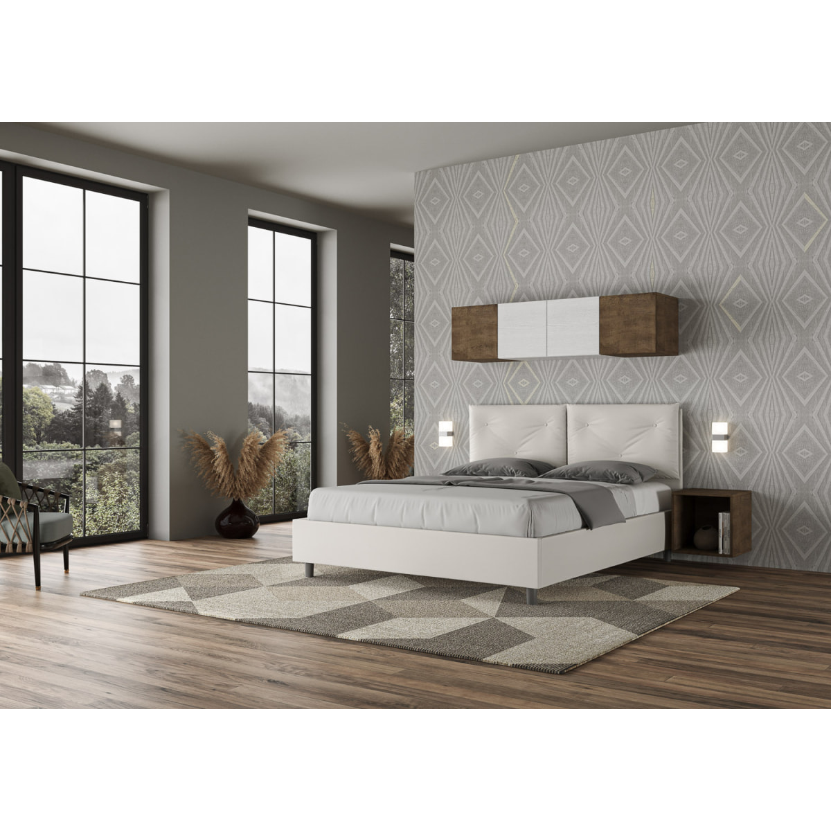 Letto matrimoniale con rete imbottito 160x200 similpelle bianco Appia