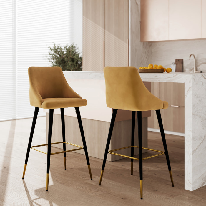 Lot de 2 chaises de bar en velours jaune curry 77.5 cm - Aristote