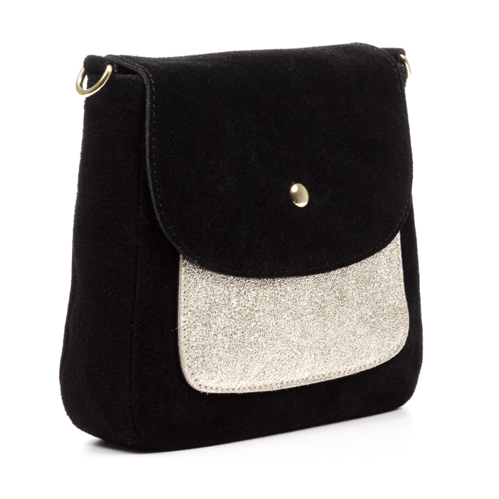 Altissimo borsa a spalla donna. Pelle autentica Camoscio combinato con Camoscio Lucido brillante.