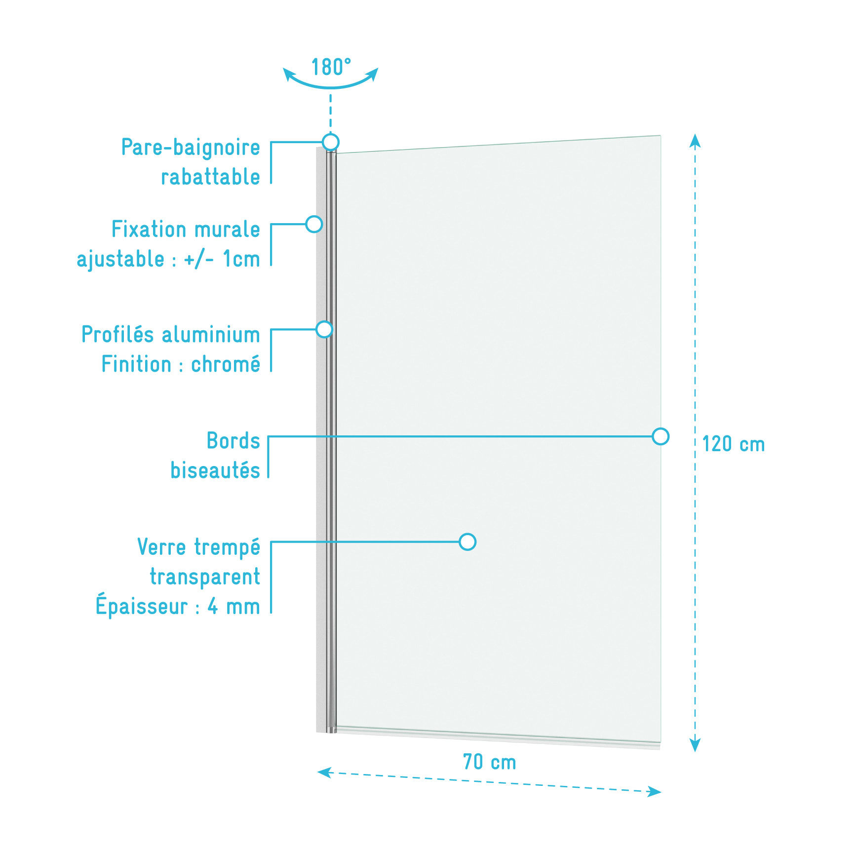 Pare baignoire Rabattable 70x120cm - Profilé Chromé - Verre Trempé 4mm - ELEMENTARY