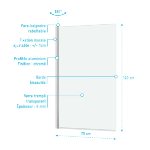 Pare baignoire Rabattable 70x120cm - Profilé Chromé - Verre Trempé 4mm - ELEMENTARY