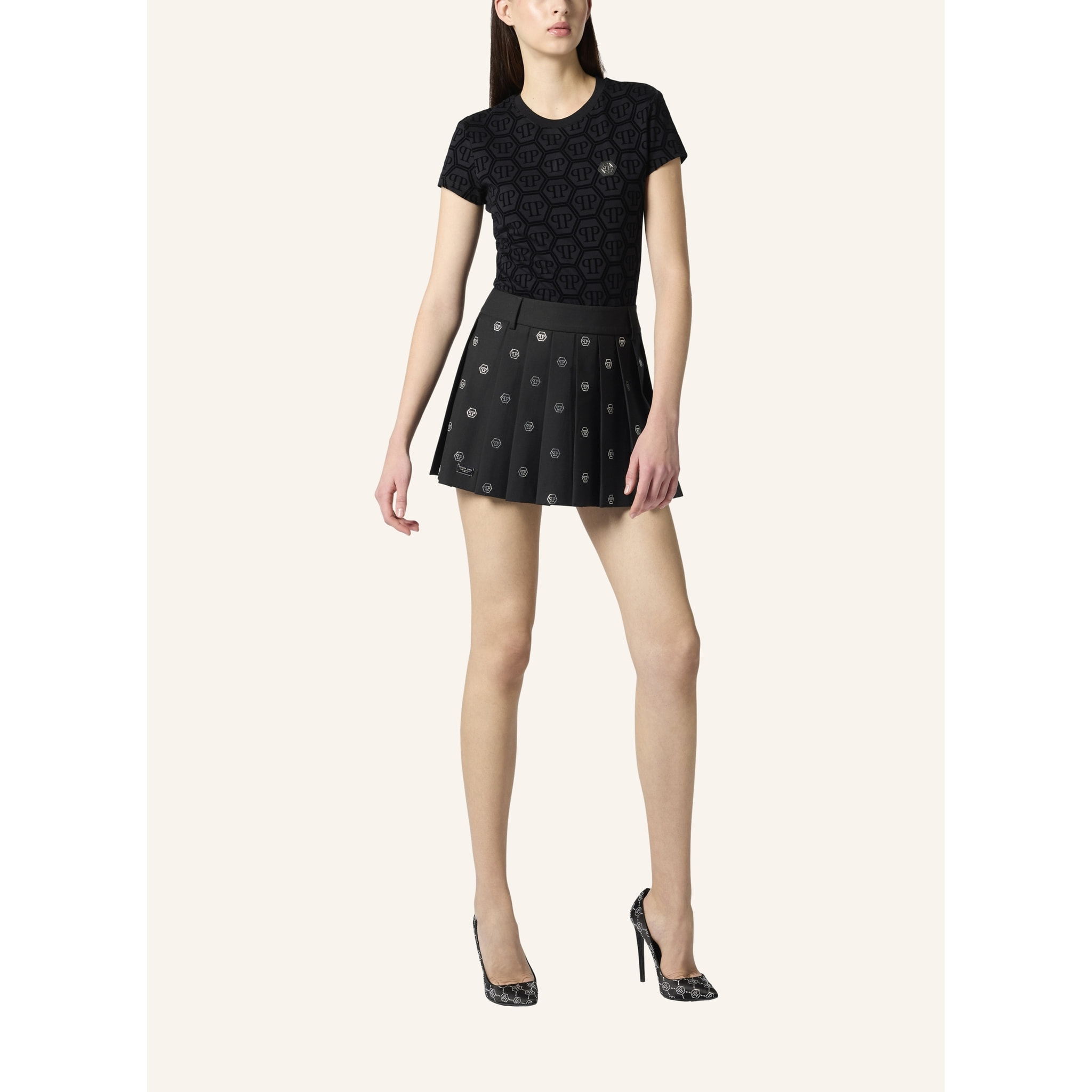 PHILIPP PLEIN Pleated Mini Skirt Small Monogram Strass Monogram Strass