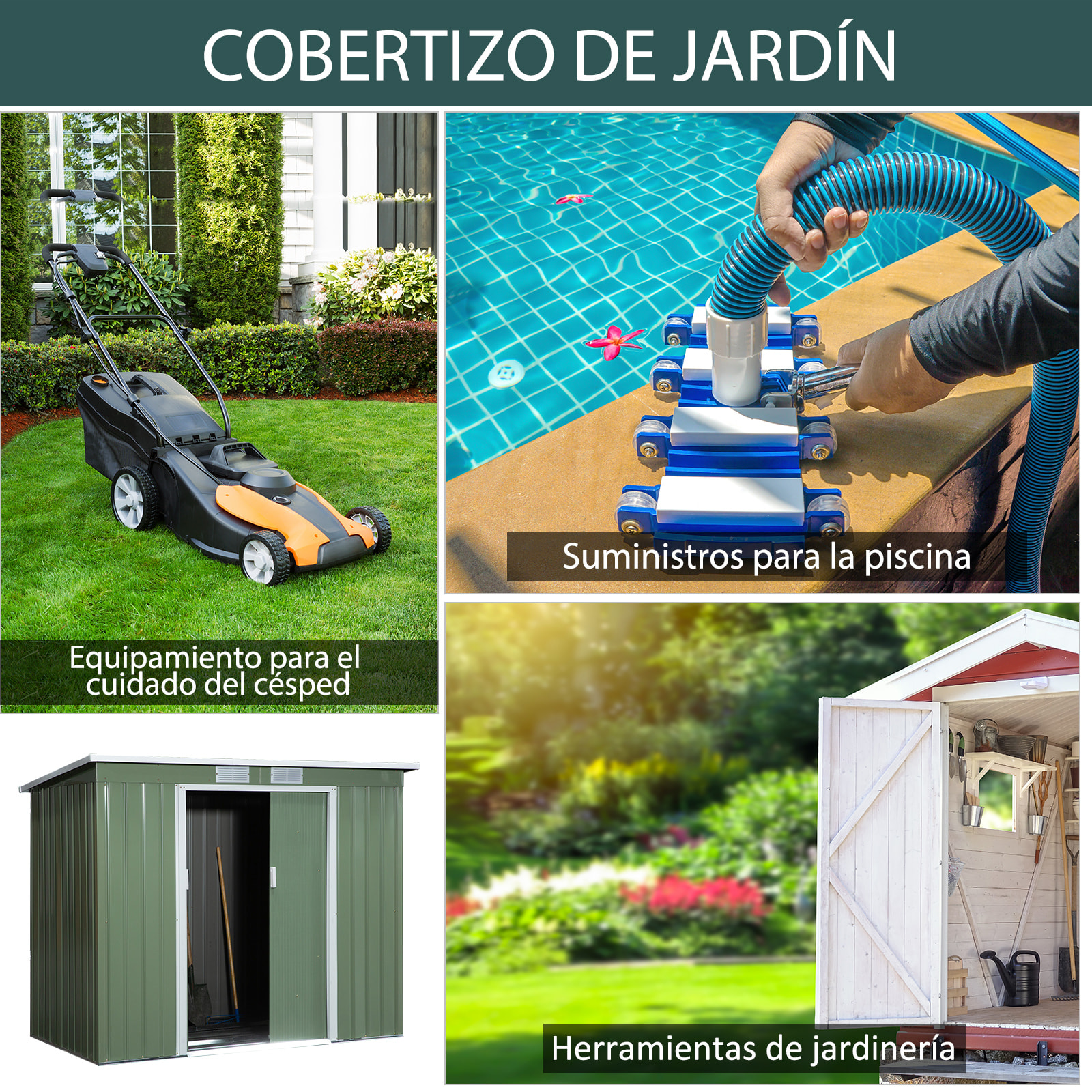 Cobertizo de Jardín 213x130x172 cm Base de 2,1 m² Caseta de Exterior Metálica para Almacenamiento de Herramientas con 2 Puertas Correderas y 2 Ventanas Verde