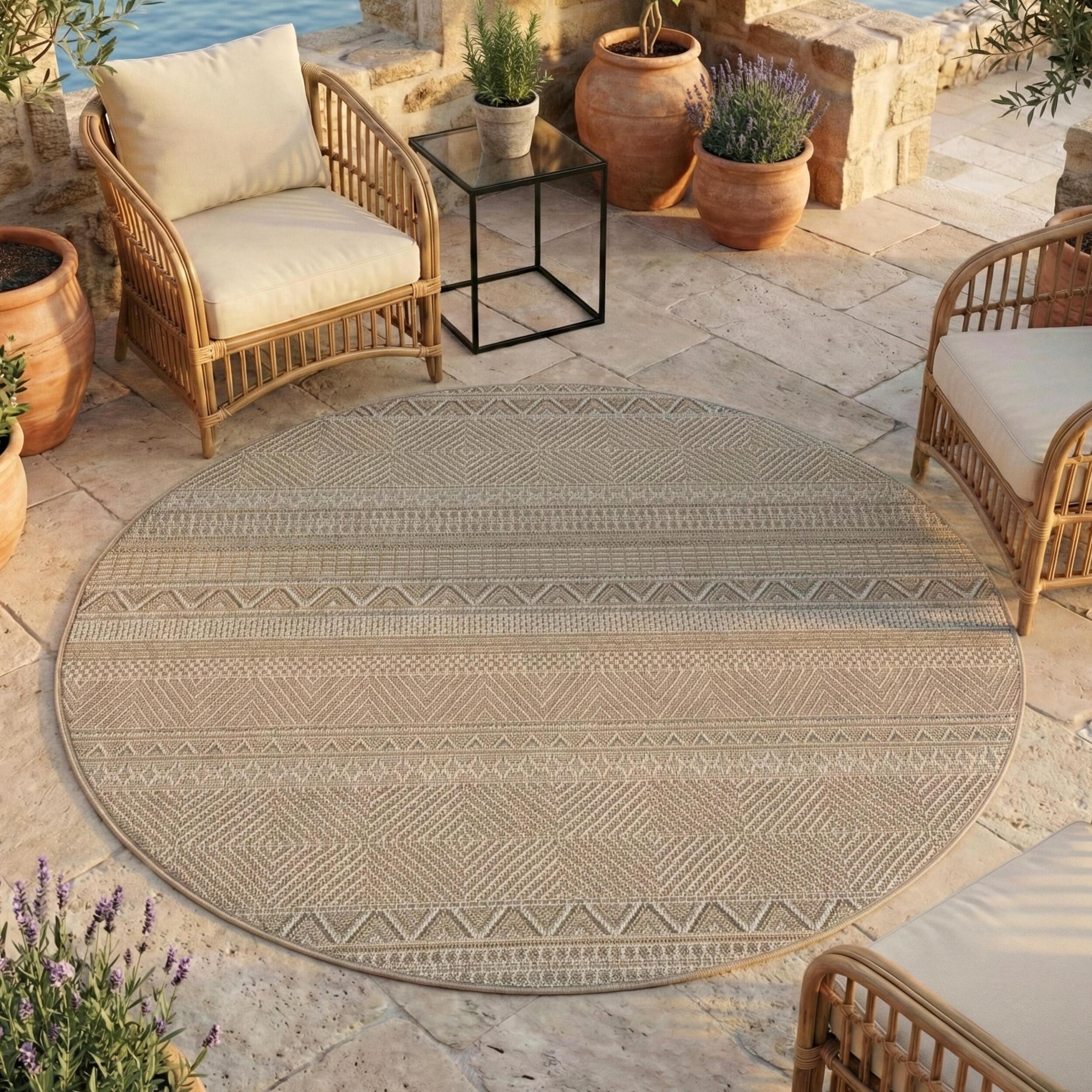 DESERT - Tapis rond intérieur/extérieur beige, design ethnique