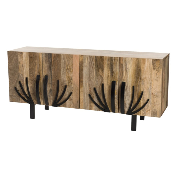 INDRA - Buffet bois Manguier 177x45cm 4 portes 2 étagères déco branches pieds métal Bangalore