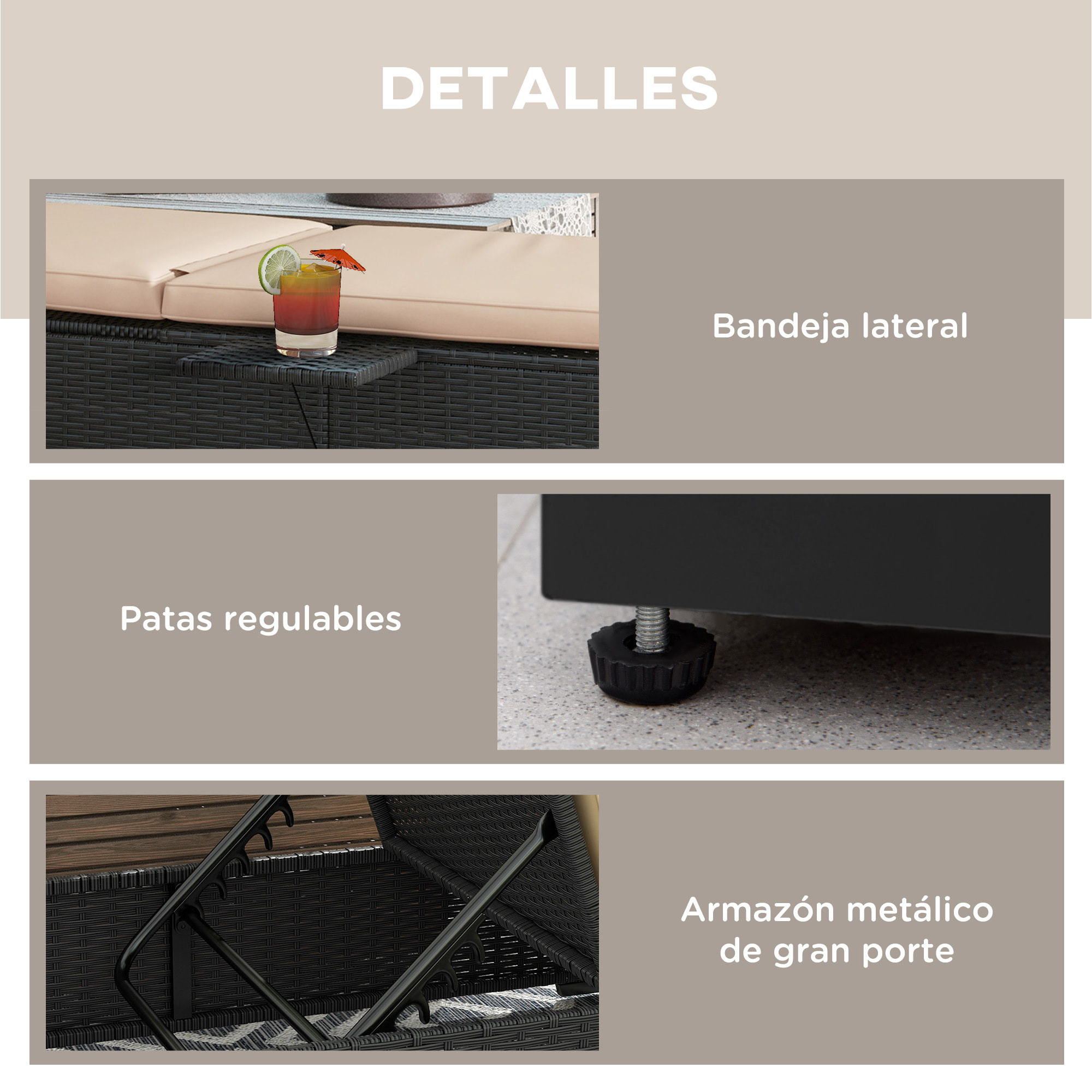 Tumbona de Ratán Reclinable Tumbona para Jardín con Respaldo Ajustable en 5 Niveles Mesita y Cojín Carga 120 kg para Patio Terraza Negro y Beige