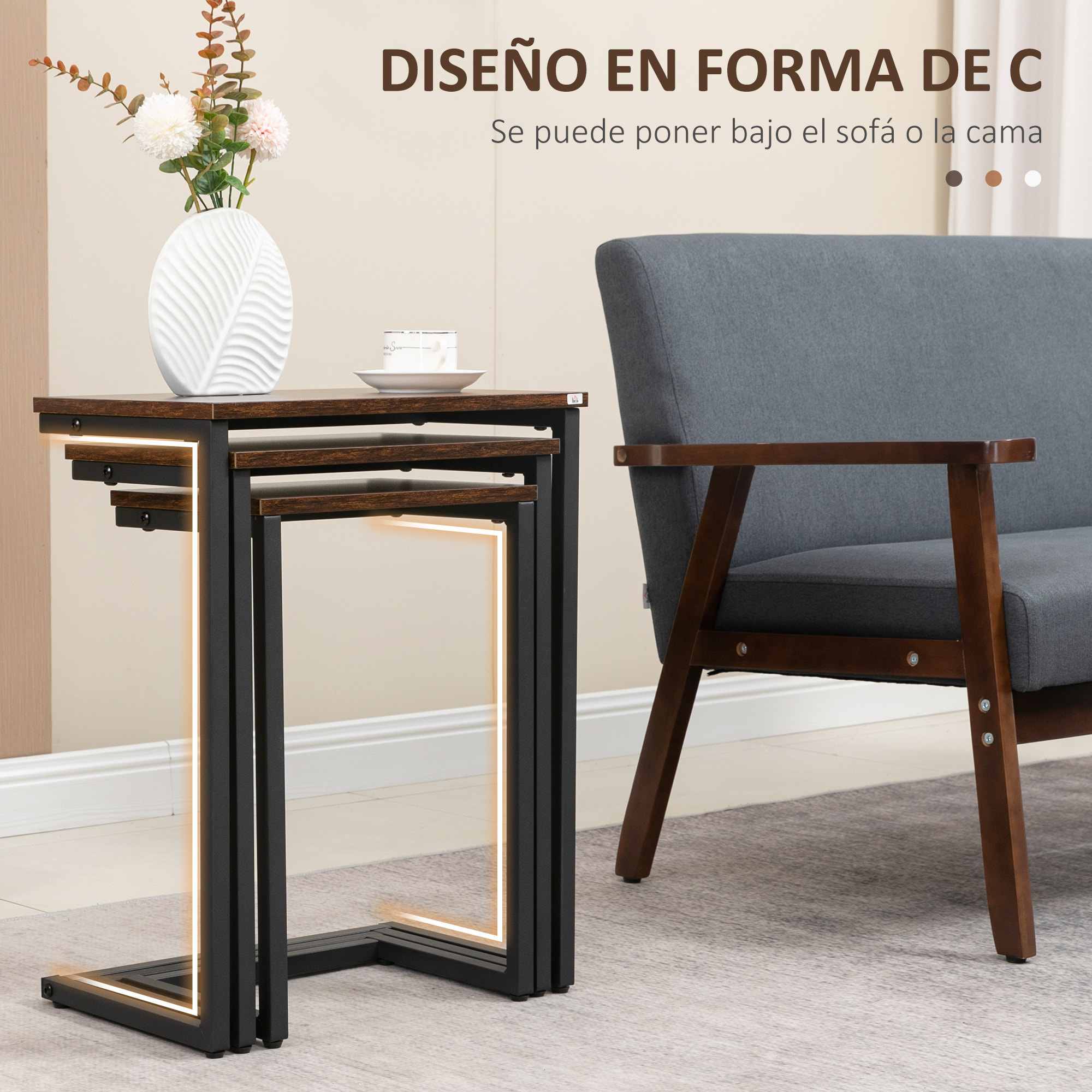 HOMCOM Juego de 3 Mesas Auxiliares Mesas Nido Industrial en Forma de C con Patas de Acero para Salón Dormitorio Oficina 45x30x60 cm 40x28x56 cm y 34x25x50 cm Marrón Rústico